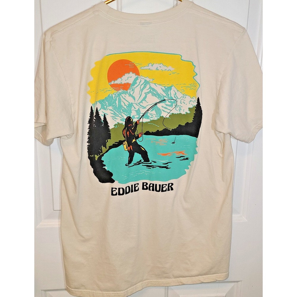 Eddie Bauer TShirt Men's Med Mountain Hiking Sunny Fishing Big Foot Cotton Beige